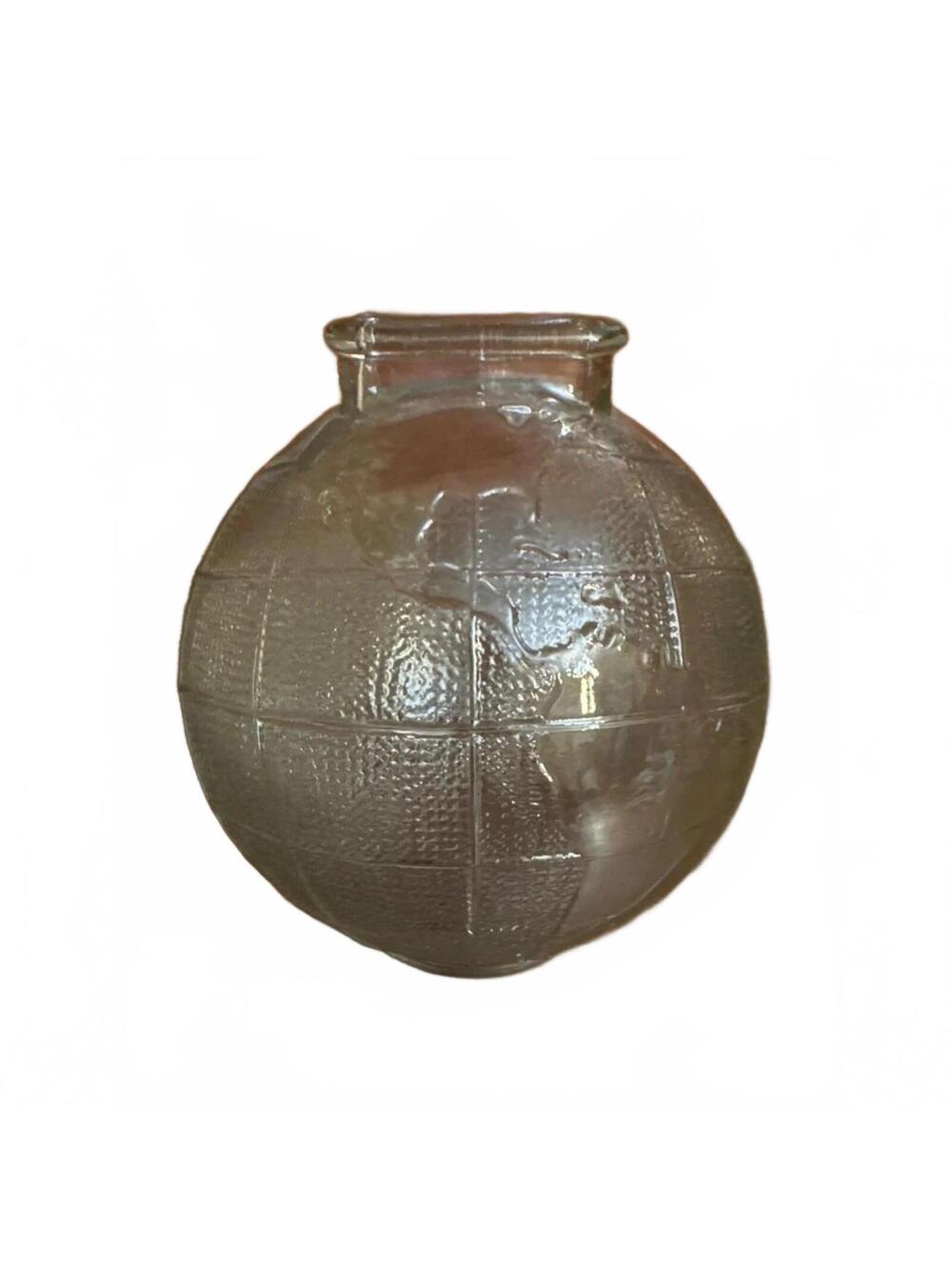 Vintage Clear Glass Globe Coin Bank Embossed World Map Still Bank 4”